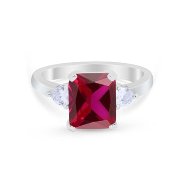 Three Stone Wedding Ring Emerald Cut Simulated Ruby CZ 925 Sterling Silver